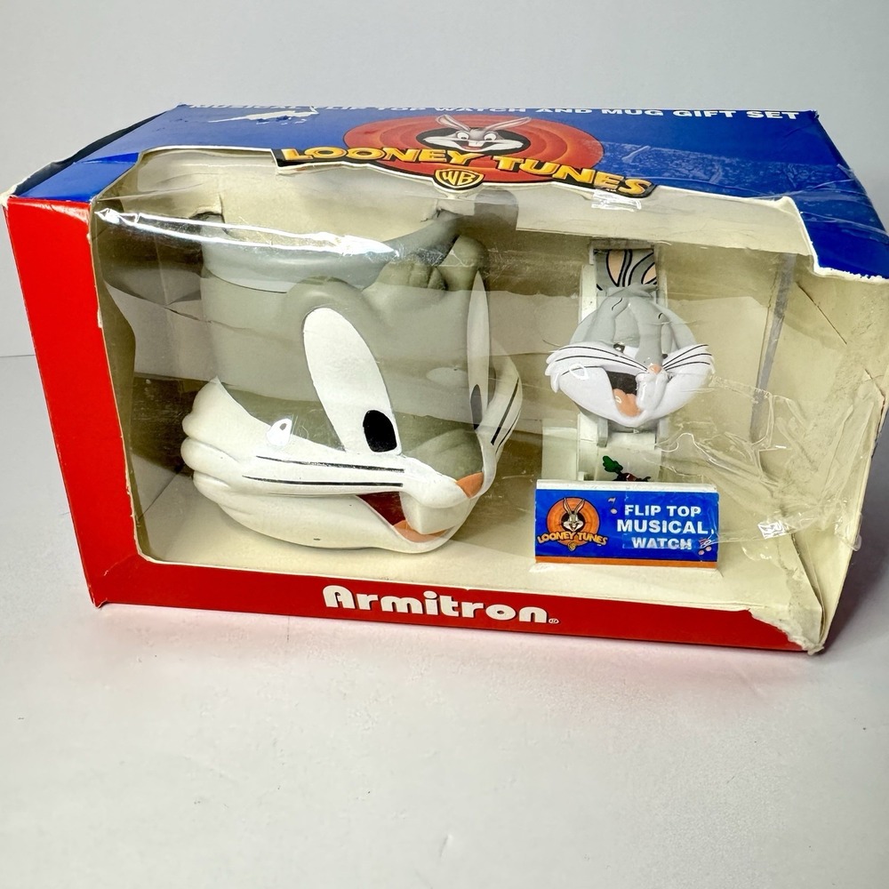 Vtg‎ Looney Tunes Bugs Bunny Musical Flip Top Watch & Mug Gift Set Rare 1995